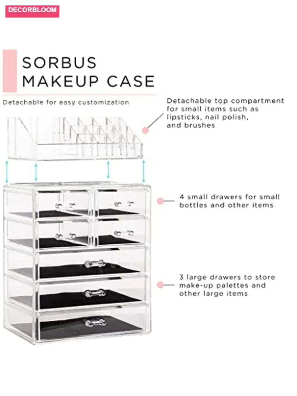 Acrylic Makeup Organizer with 7 Drawers, Vanity Storage for Brushes & Jewelry